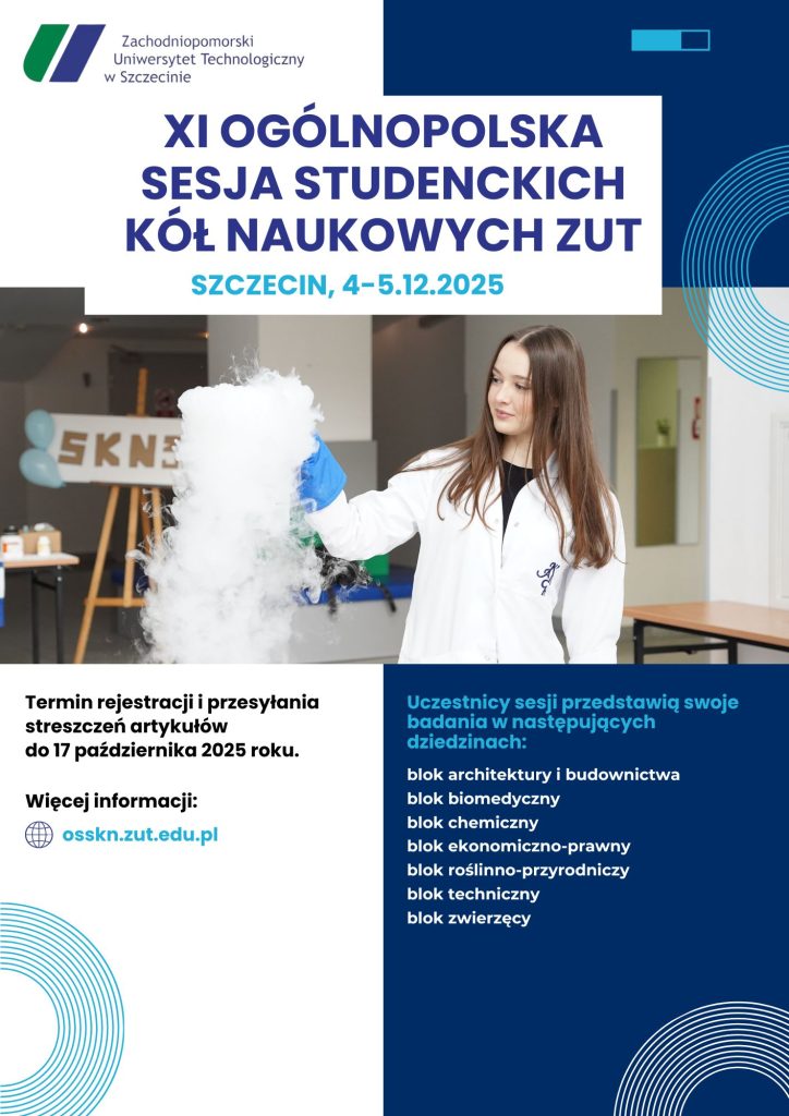 Plakat ZUT. Studentka w fartuchu laboratoryjnym wykonuje doświadczenie chemiczne. Trzyma w dłoni naczynie, z którego wydobywają się kłęby czystego dymu.