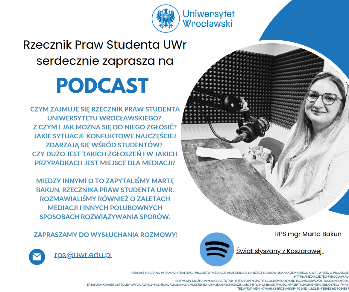 Obrazek promujący podcast, w którym udział wzięła Marta Bakun - rzecznik praw studenta UWr.